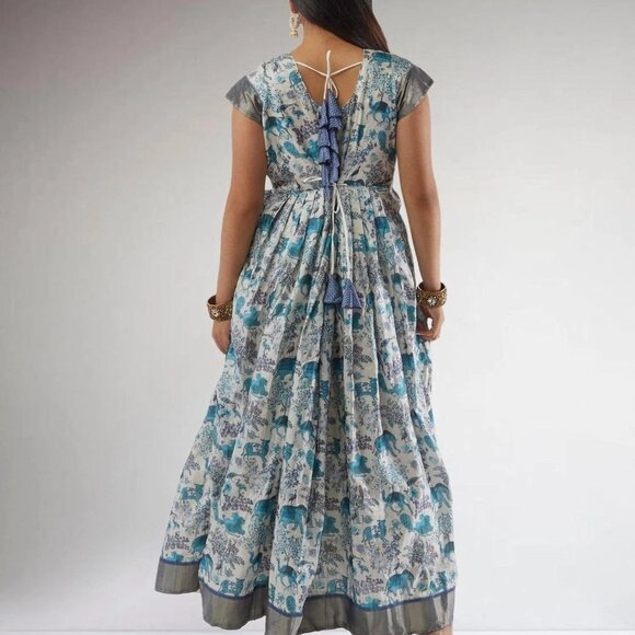 White and Blue Kalankari Ankle-Length Dress | Muvvas Boutique - Picture 3 of 3